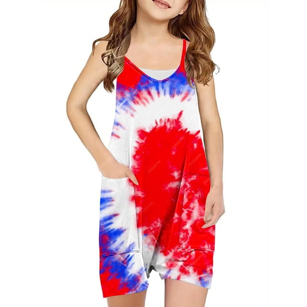 Odeerbi 5-14 Años Niñas Verano Mono Día de La Independencia Impresión Camisola Romper Casual Sin Mangas Correa Combinados Pantalones Cortos Con Bolsillos