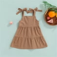 thumbnail image 5 of Coerni Girls Bow Strap Causal Beach Dress Summer Baggy Button Down Suspender Dresses Vintage Coffee Color Flowy Dress, 5 of 7