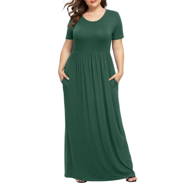 Hyknon Dresses for Women Fashion Plus Solid Color Casual Short Sleeve Round Neck Pleated Pocket And Ankle Dress Casual Soft Flowy Loose Fitting Dresses