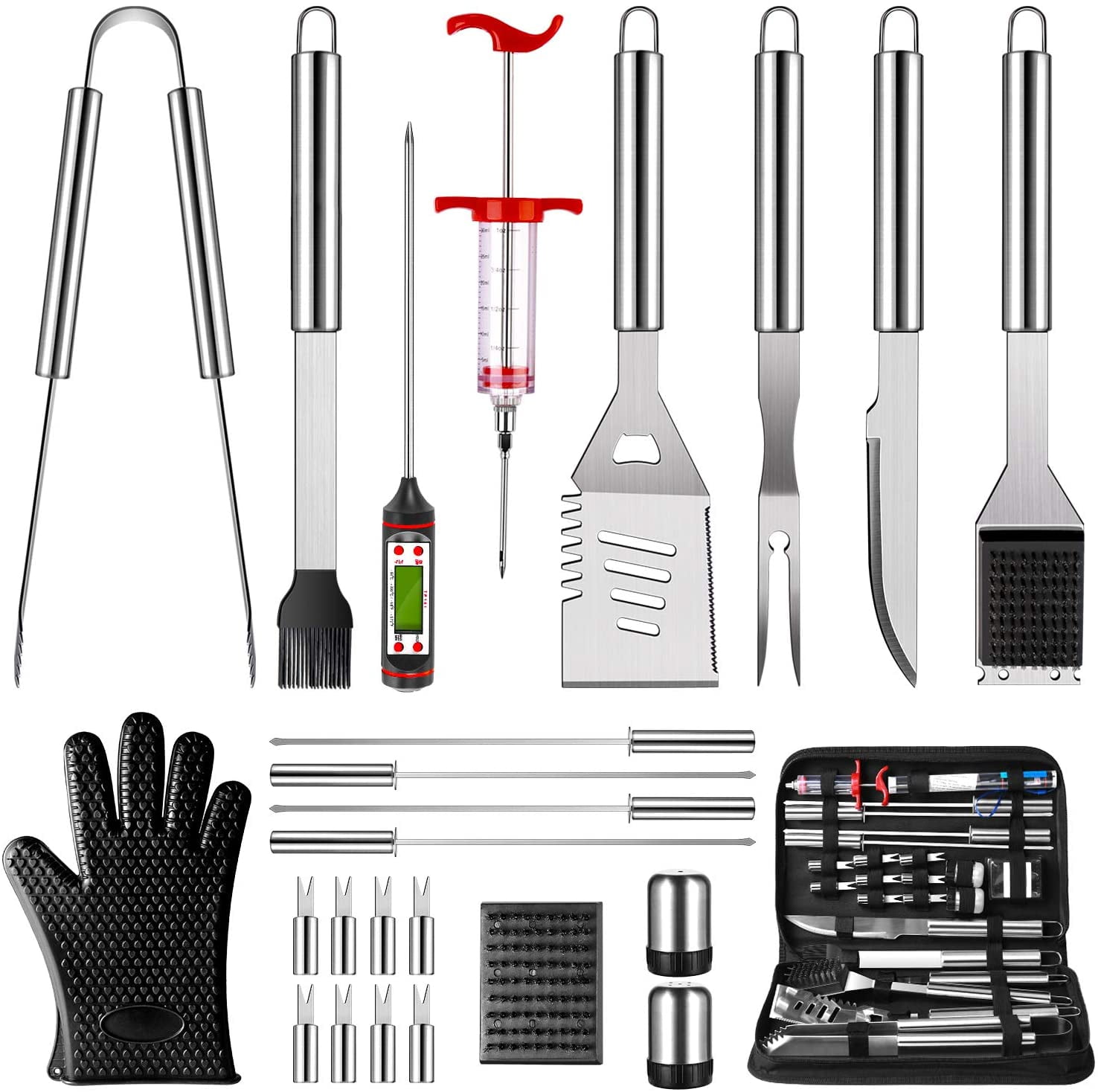 Flygtig Gade Forkorte OlarHike BBQ Grilling Accessories Grill Tools Set, 25PCS Stainless Steel  Grilling Kit for Smoker, Camping, Kitchen, Barbecue Utensil for Men Women  with Thermometer and Meat Injector - Walmart.com