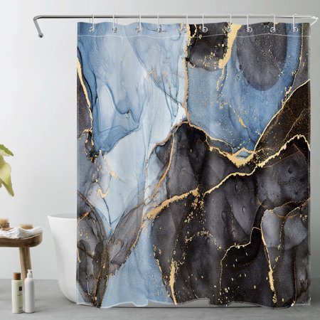 HVEST Abstract Blue Marble Shower Curtain Decor,Modern Minimalist Black and Gold Marble Texture Shower Curtains for Bathroom 60X72 inch Polyester Fabric Bathroom Decoration Bath Curtains Hooks Include