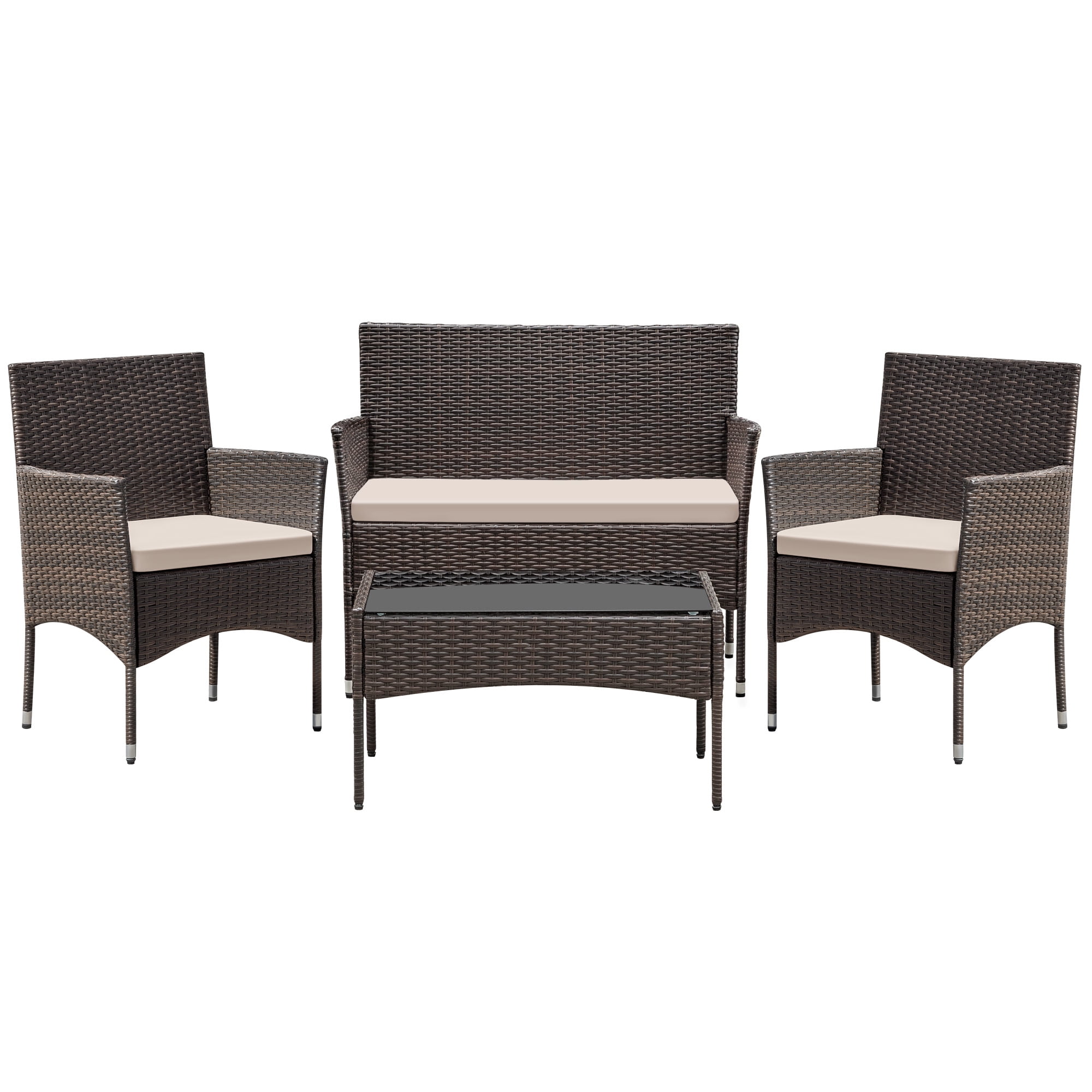 Vineego 4 4PCS Patio Furniture Set Outdoor Conversation Rattan Chairs with Cushion and Loveseat Glass Table for Garden Backyard Porch, Brown/ Beige
