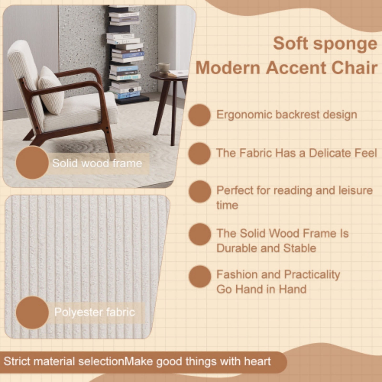 Mid-Century Modern Accent Chair, Upholstered Reading Arm Chair with Pillow, Solid Wood Frame Living Room Chair for Bedroom Balcony, White