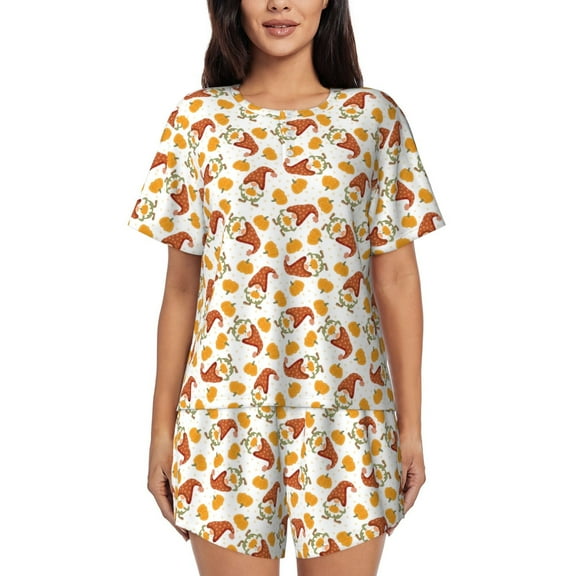 Logiee Gnomes Autumn Print Womens Pajamas Set,Short-Sleeve Pajama 2 Piece Sleepwear with Pockets-Small