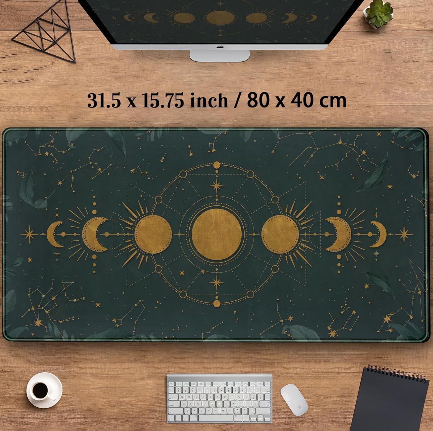 Mousepad Forest Green XXL Desk Mat Gold Moon Phases Large Extended Mouse Pad Gaming Laptop Keyboard and Mouse Mat Desk Pad, Non-Slip Rubber Base with Stitched Edges, 31.5x15.75 in