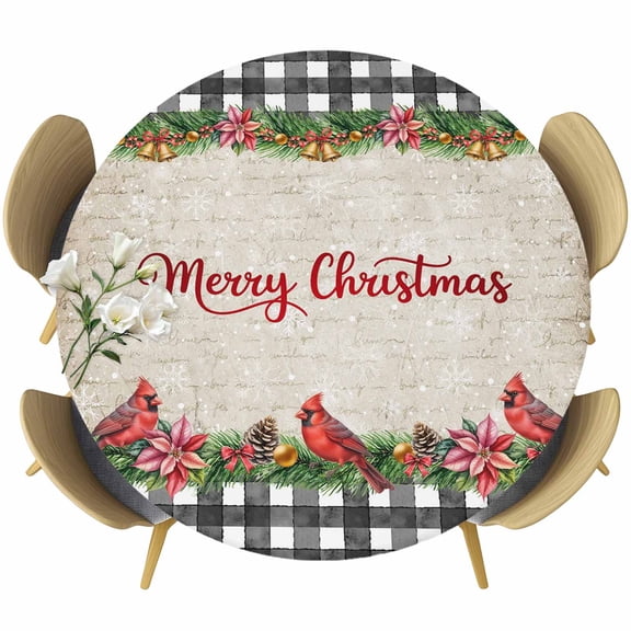 Grey Plaid Christmas Round Tablecloth, Fitted Table Cover with Elastic for 45"-54" Round Tables, Xmas Snowflake Botanical Poinsettia Table Cloth Outdoor Indoor Dinning Party Waterproof Tablecloths