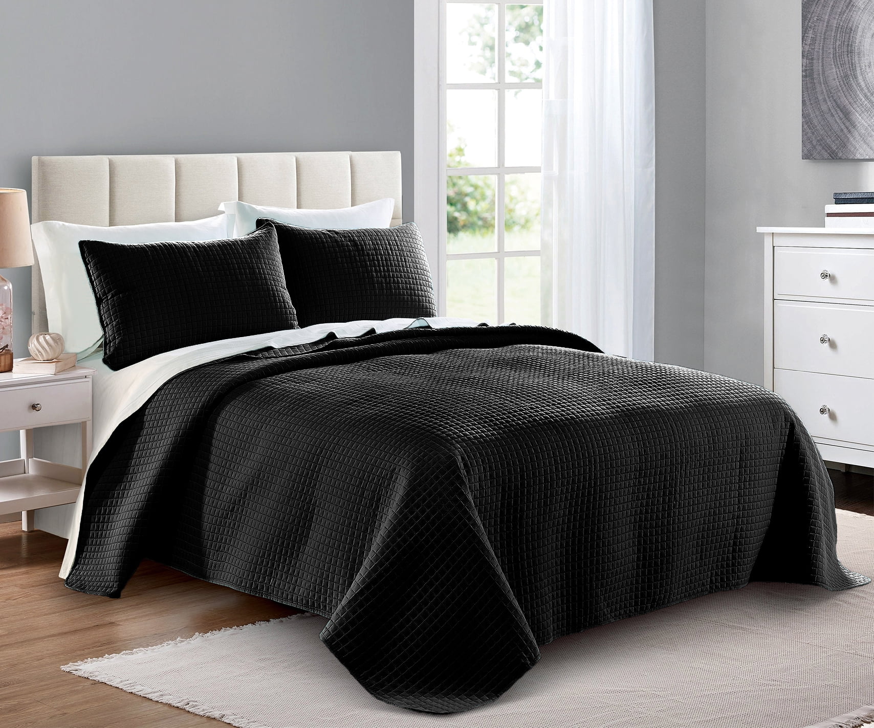 Oversized Bedspread 3 Piece Includes 1 Quilt and 2 Shams Quilt Set King/Cal King/California King Size Dark Grey Geometric Pattern Soft Microfiber Lightweight Coverlet for All Season