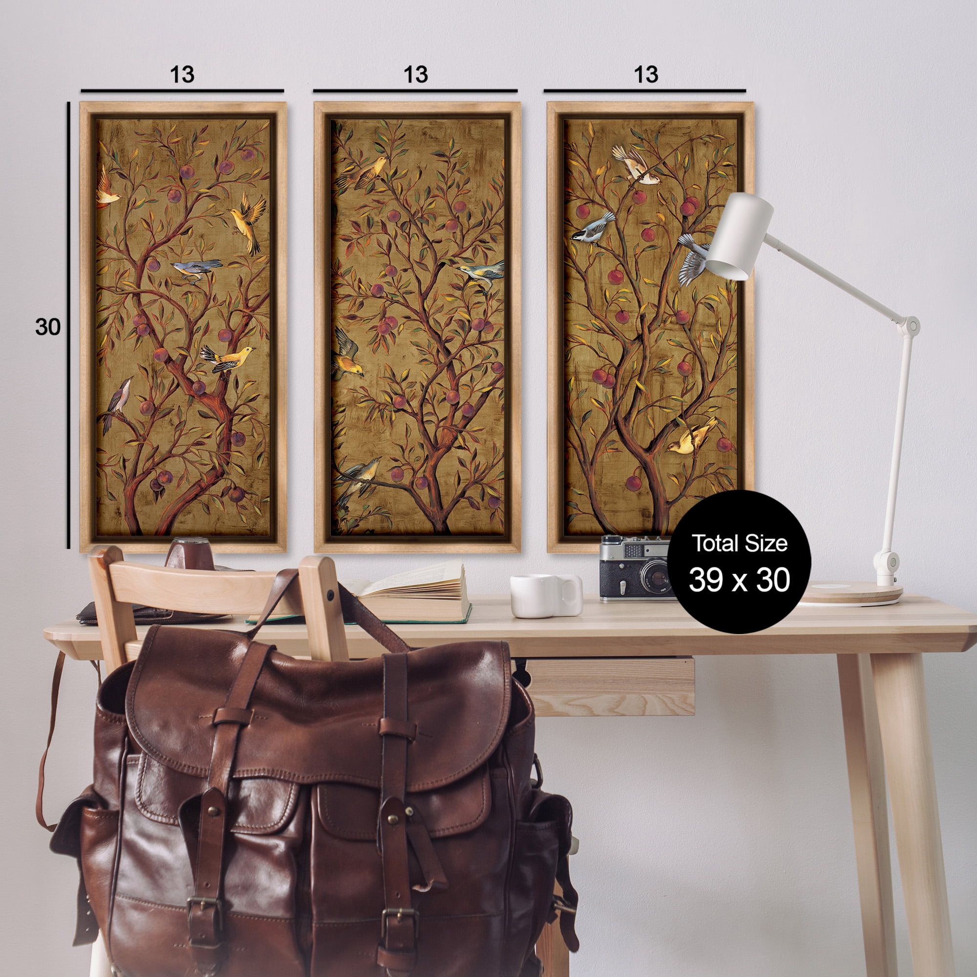 Stupell Industries Regal Plum Tree with Perched Birds Animals & Insects Painting Brown Floater Framed Canvas Art Print Wall Art, 15 x 31, Set of 3