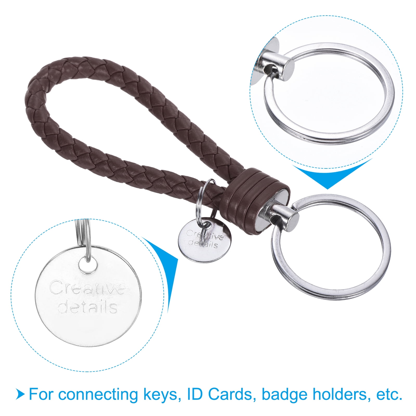 Braided Leather Keychain with Stainless Steel Key Ring Sleeve, PU