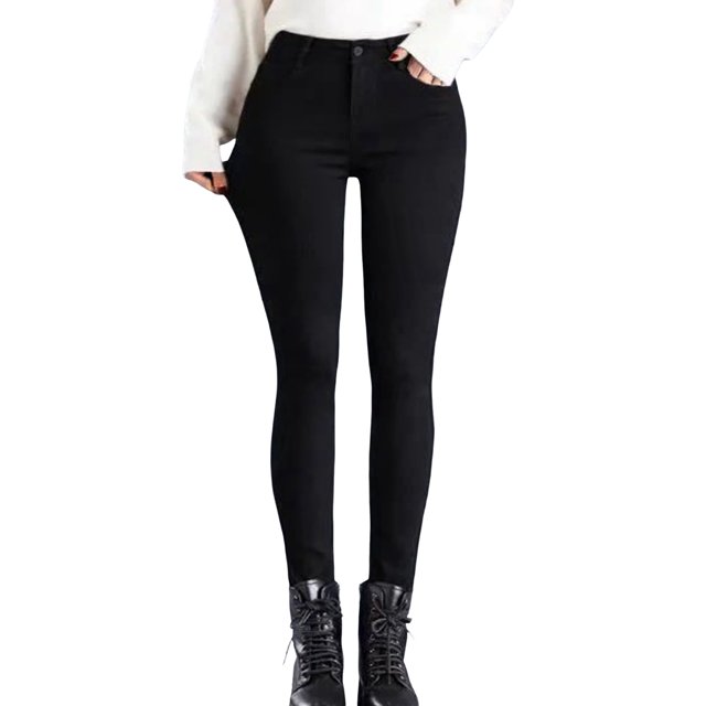 Jeans d'Hiver Taille Haute Doublés pour Femmes Extensible Chauds Ajustés Jeggings Confortables