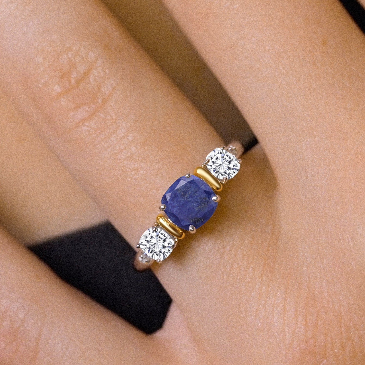 Gem Stone King 925 Sterling Silver and 10K Yellow Gold Blue Lapis and White Moissanite 3 Stone Engagement Ring for Women (1.64 Cttw, Cushion Cut 6MM and 4MM, Available in Size 5, 6, 7, 8, 9)