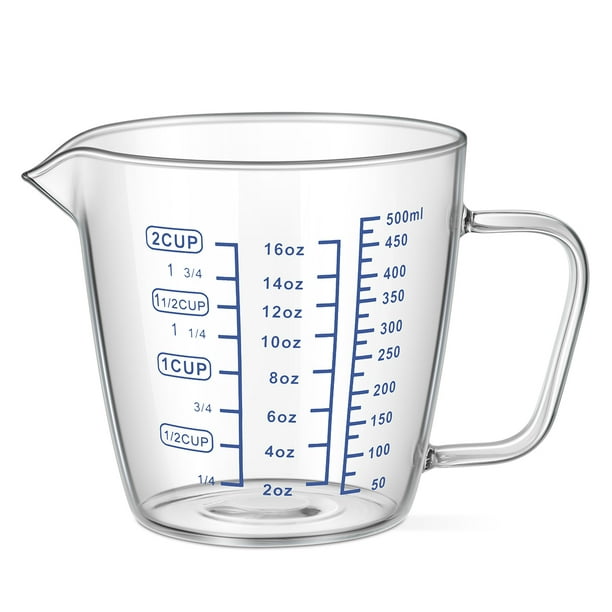 Vaso medidor OUNONA de 500 ml, vaso medidor de leche para niños con báscula, vaso medidor resistente al calor para microondas, vaso medidor transparente con báscula