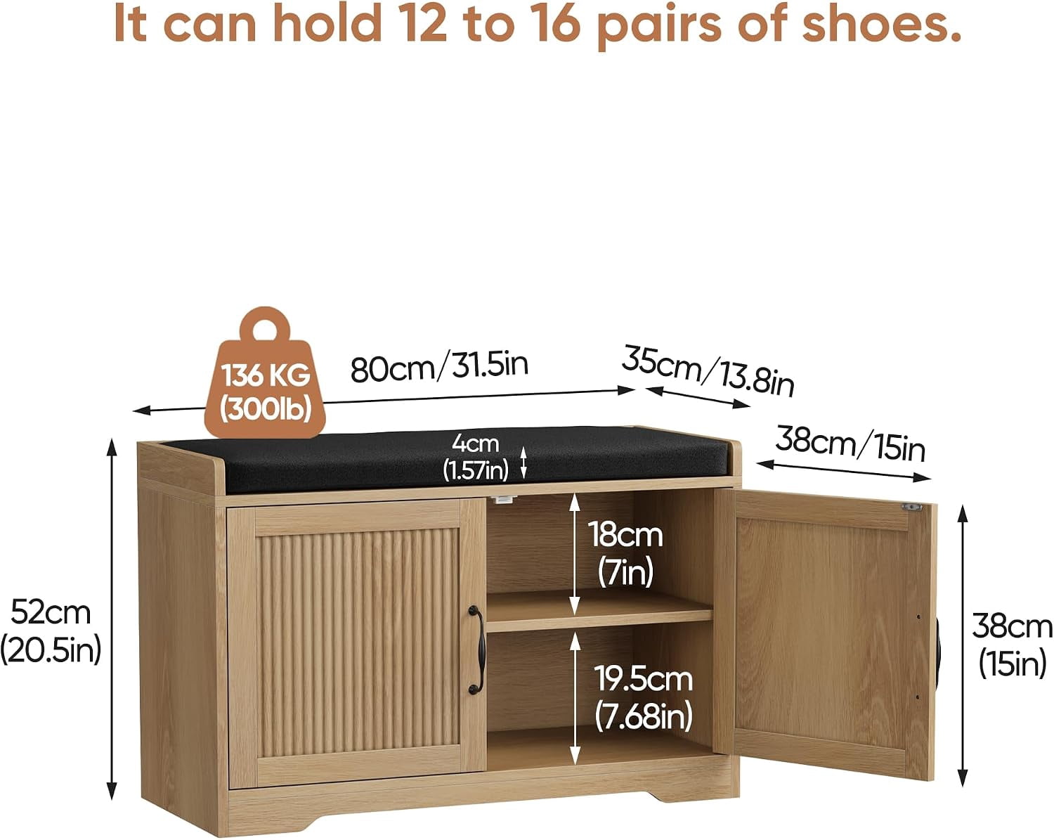 31.5" Entryway Shoe Storage Bench with Cushion Seat, Double Doors, Oak