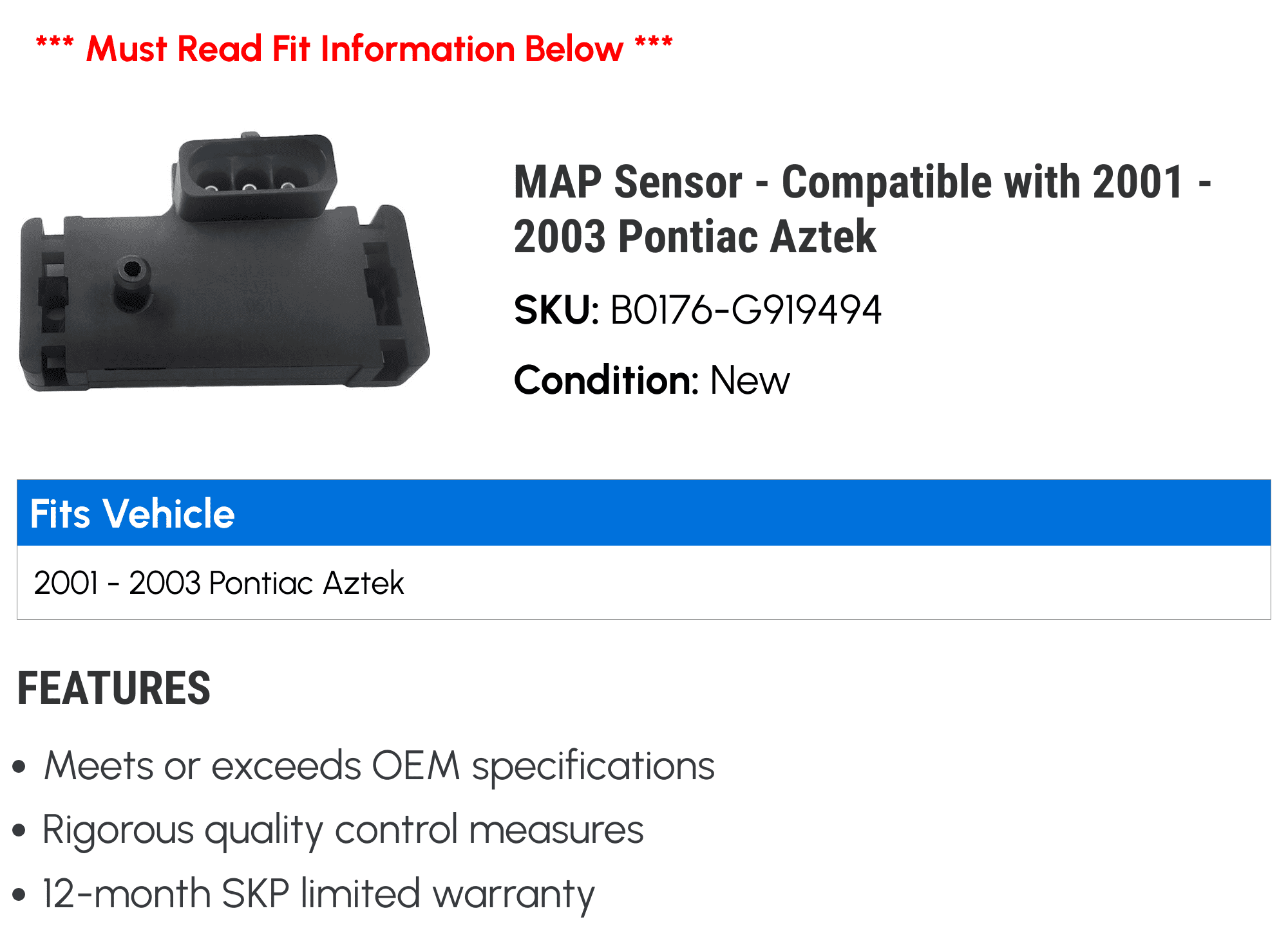 MAP Sensor - Compatible with 2001 - 2003 Pontiac Aztek 2002