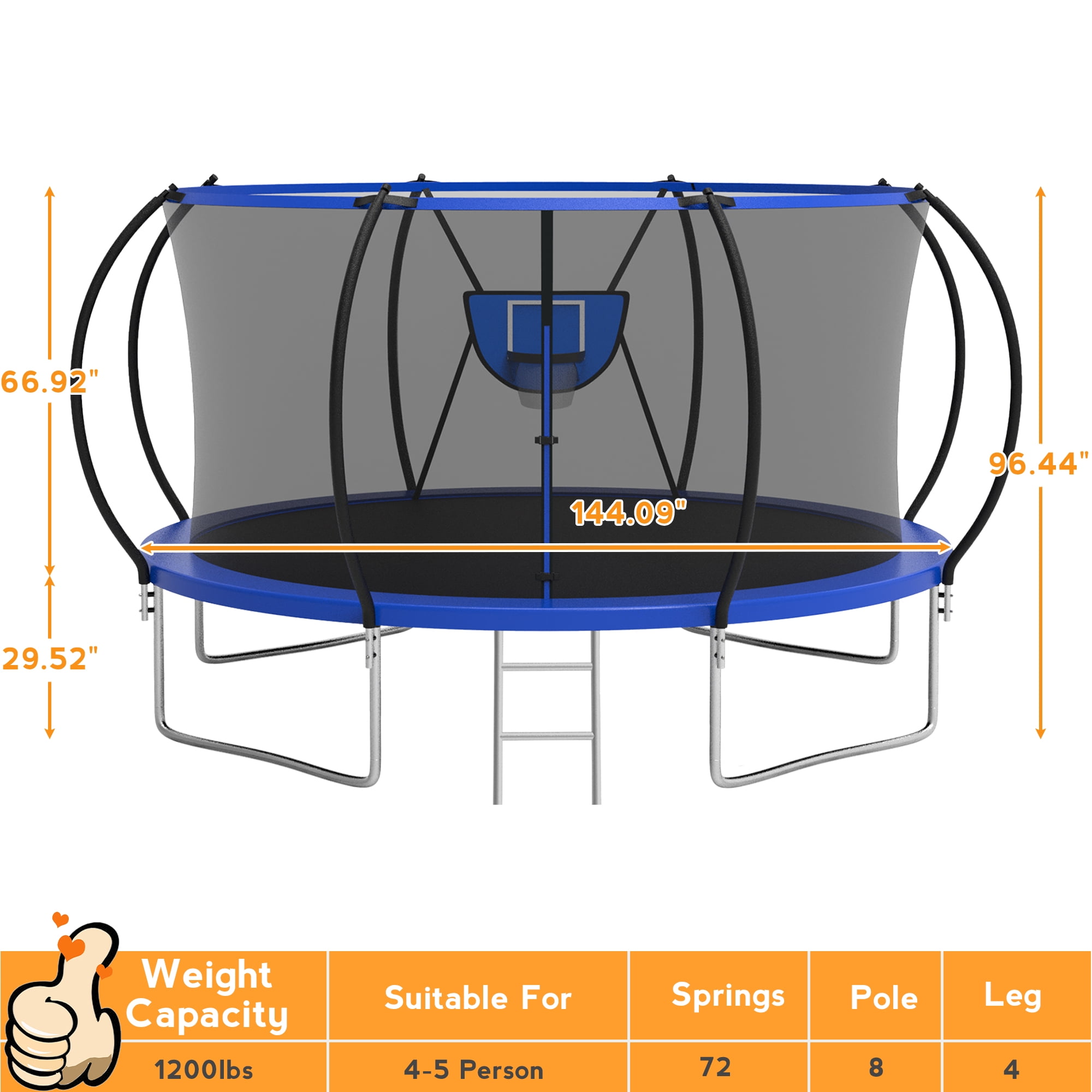 KOFUN Trampoline with Basketball Hoop & Light, 1500lbs 10FT 12FT 14FT 16FT Trampoline for Adults and Kids, No Gap Design Backyard Trampoline with Enclosure Net, Ladder, Green