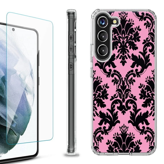 Shockproof Bumper Phone Case for Samsung Galaxy S23 5G, with Tempered Glass Screen Protector, by OneToughShield ® - Victorian Pink/Black