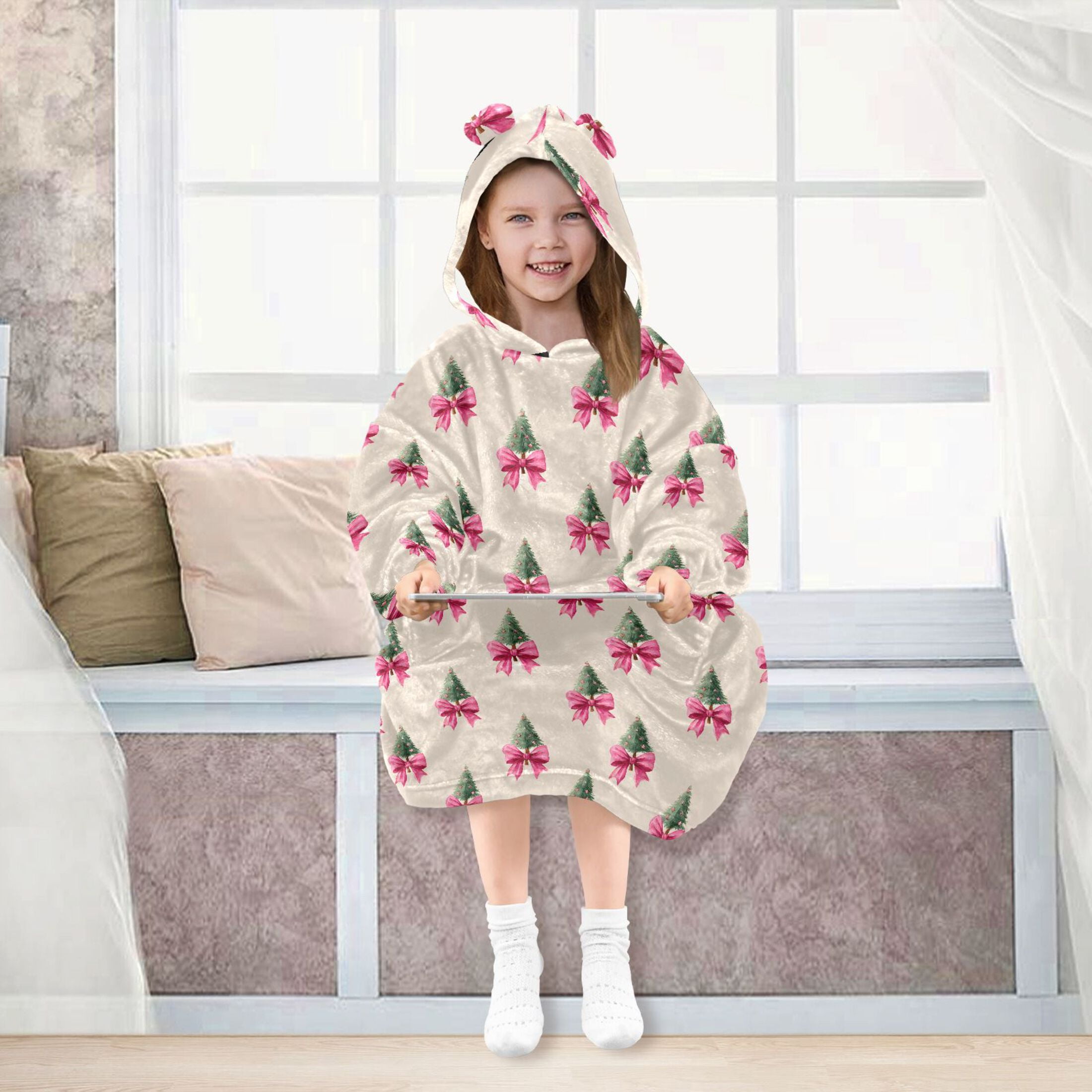 Wearable Blanket Hoodie for Kids Christmas Tree Bow Flannel Hooded Blanket with Pockets and Sleeves Suitable for Boys and Girls