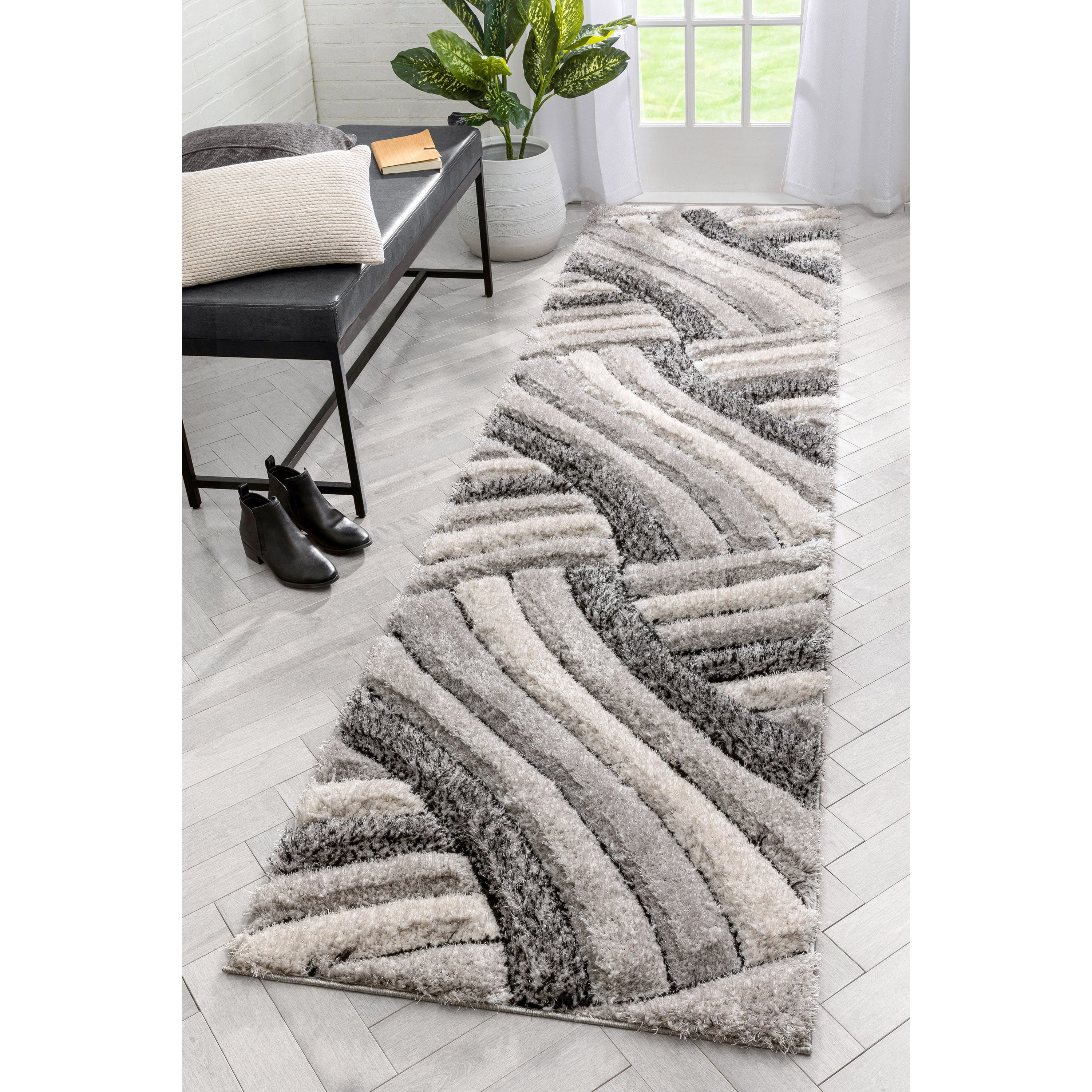 GREY SILVER NOBLE HOUSE GEOMETRIC 3D TEXTURED DIAMONDS SOFT THICK SHAGGY RUGS 