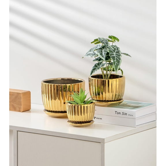 Ton Sin Pink Gold Ceramic Flower Pots, 4" 5" 6" Inch Small Glazed Succulent Planters with Drainage Hole,Modern Indoor Decorative Plant Pots Set of 3,Garden Pots with Saucer