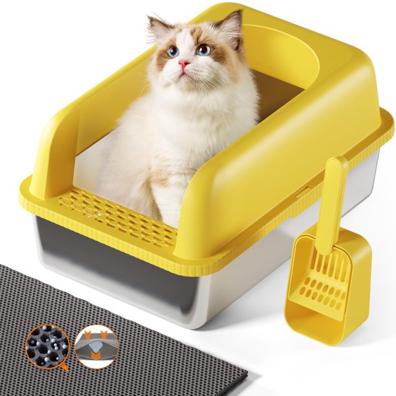 Fylica Stainless Metal XL Extra LargeCat Litter Box, Open Top High Sided Litter Box for Multiple Cats, Anti-Leakage, Easy Cleaning, a Scoop, Scoop Holder, Cat Litter Mat Included,Yellow