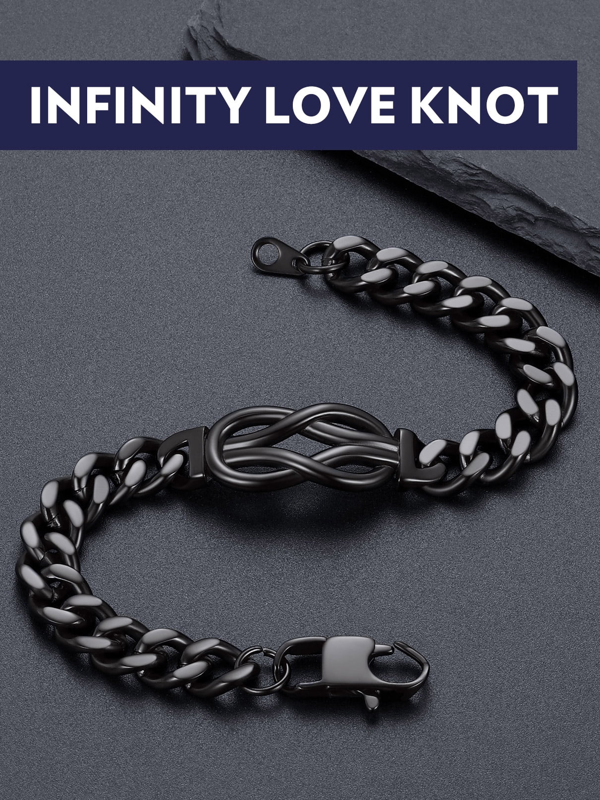 Bandmax 9'' Black Cuban Chain Bracelet for Men Women Stainless Steel Infinity Knot Bracelet Link Chain Gift with Love Message Card Gift Father's Day Birthday for Your Love