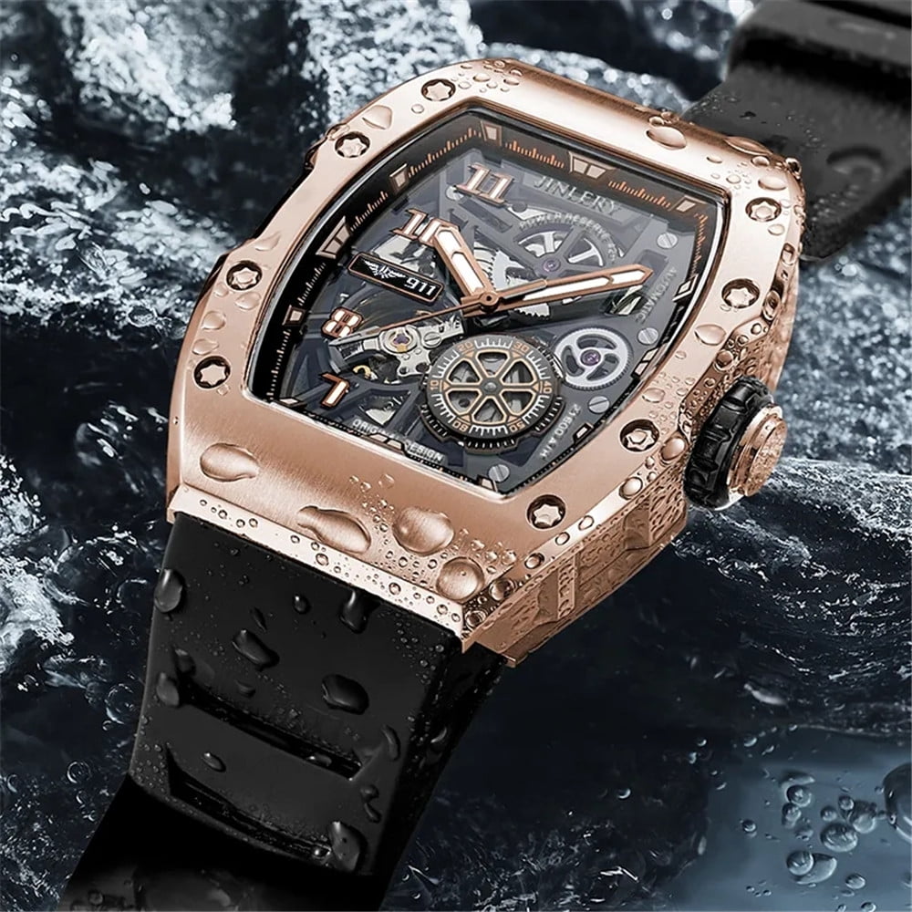 JINLERY Skeleton Automatic Self-Wind Men Tonneau Wrist Watch JINLERY Skeleton Automatic Self-Wind Men Tonneau Wrist Watch
