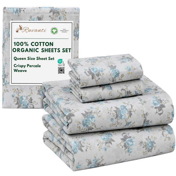RUVANTI 100% Organic Cotton Sheets - Queen Sheet Set - 4 Piece Percale Weave Bedding, Crisp, Cooling & Breathable, Soft & Durable, 15" Deep Pocket, Hotel Quality Sábanas - Blue Rose