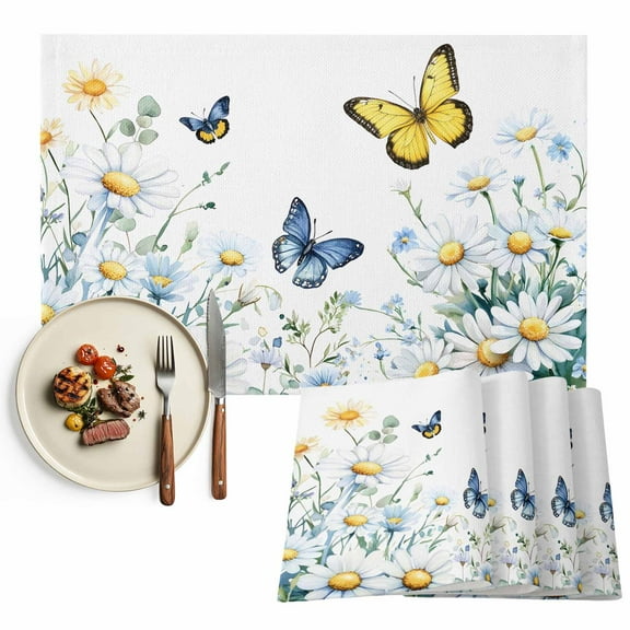 Rustic Summer Placemats Set of 4, Daisy Butterfly Table Mats Washable Heat-Resistant Non-Slip Place Mats for Kitchen Dinner Table Indoor Outdoor Decor,13x19 Inch Yellow Ivory White