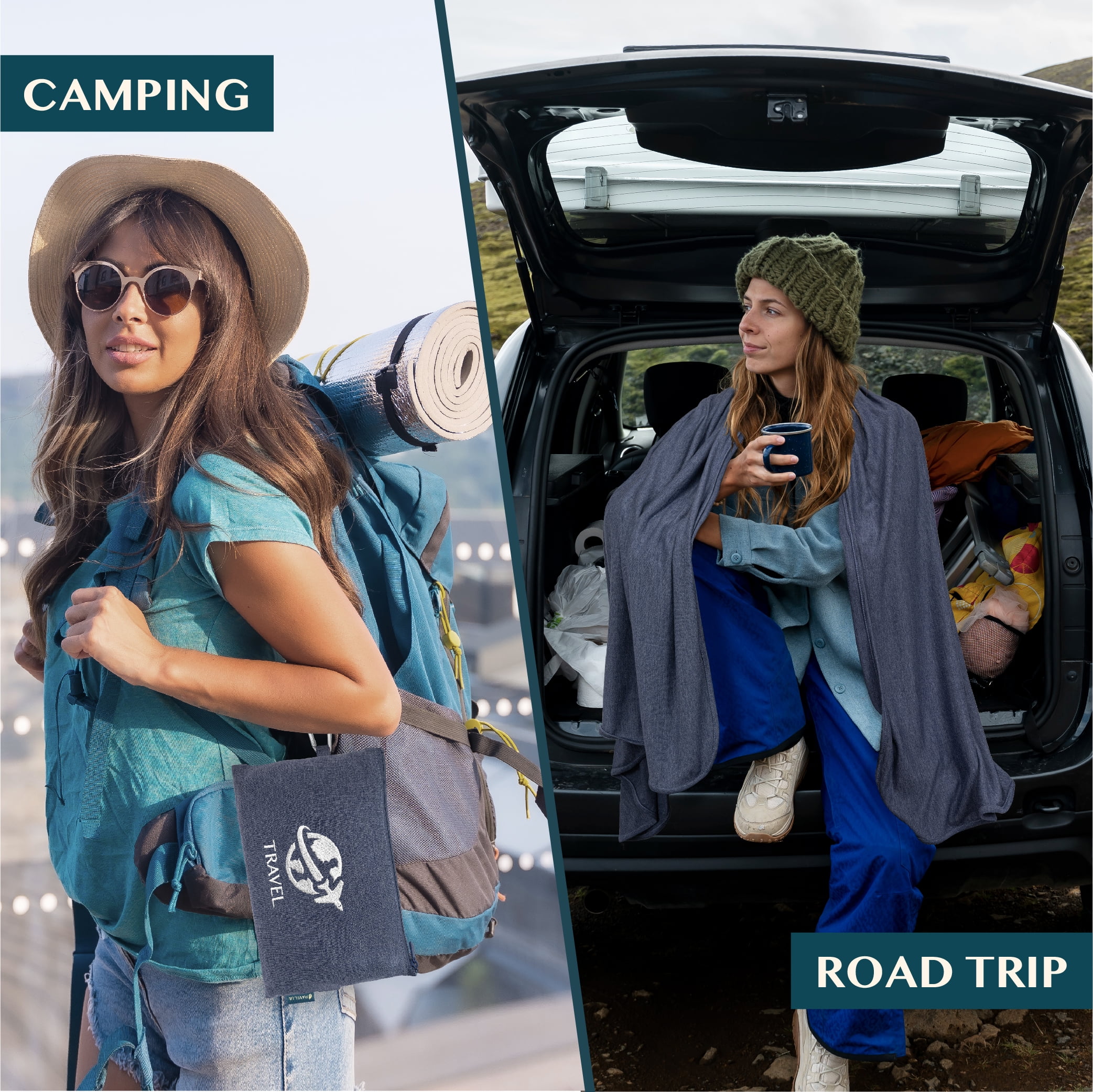 PAVILIA Soft Compact Travel Blanket and Pillow, Foldable Airplane Blanket in Bag, Lightweight Portable Flight Blanket Set with Luggage Strap, Camping Plane Car Home Office Gift Accessories, Navy Blue