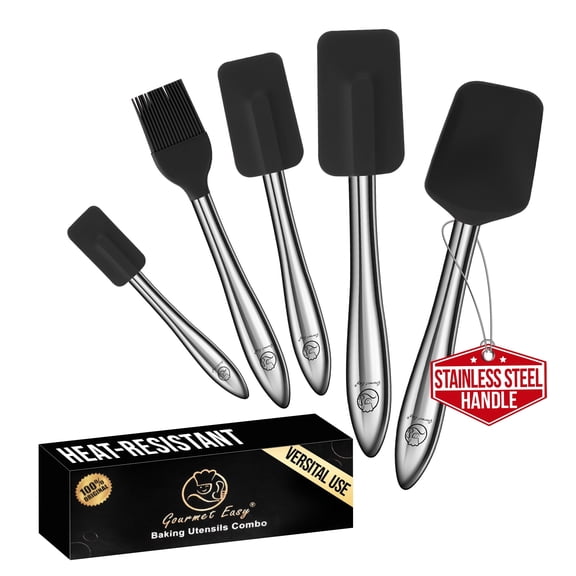 5pcs Silicone Spatula Cooking Utensils Set with Stainless Steel Handles, Premium Heat-Resistant Kitchen Utensils for Baking, Spoonula & Silicone Brush Included, Safe for Nonstick Cookware (Black)