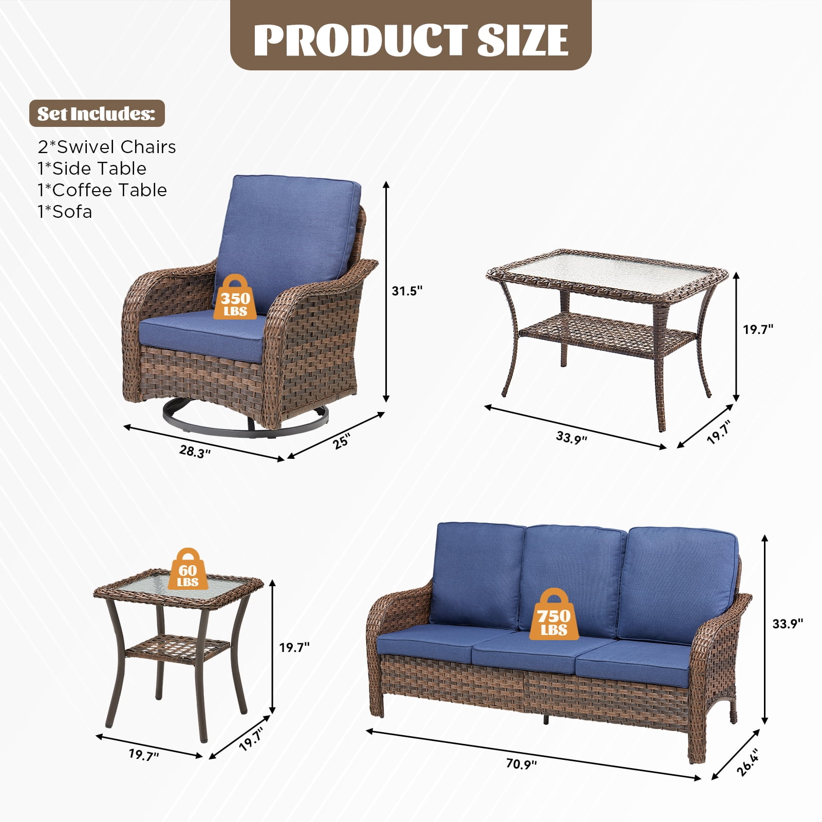 Outdoor Swivel Rocker Patio Chairs Set,5 Piece Furniture Set with 2 Swivel Rocking Chairs, 3-Seat Sofa, Coffee Table & Side Table All Weather Wicker Conversation Set for Porch Deck Garden Backyard