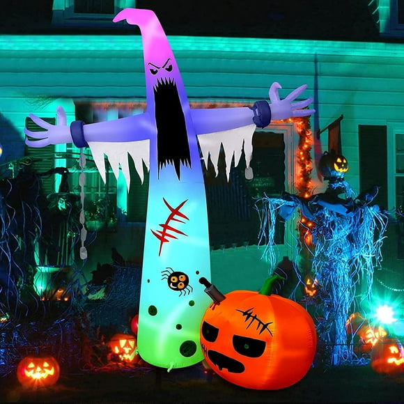 12 FT Halloween Decoration Inflatable Ghost, Blow Up Animated Ghost with Build-in LEDs, Outdoor Scary Inflatable Decoration with Pumpkin for Front Yard, Porch, Lawm or Halloween Party Indoor
