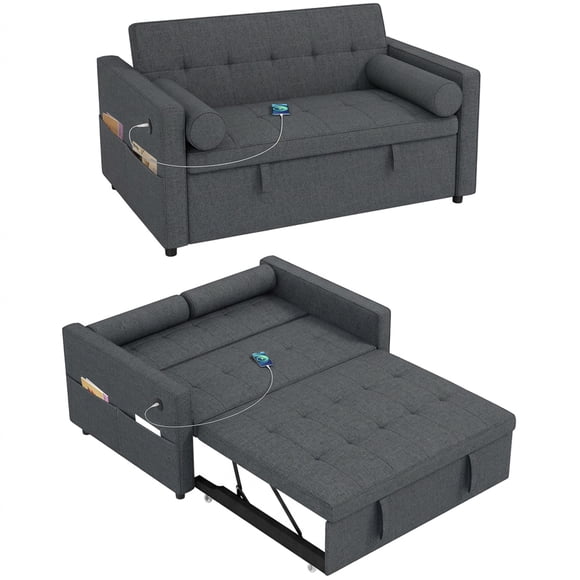 HOMCOM Sofa Bed, Pull Out Sleeper Couch with USB Ports, Linen Upholstery