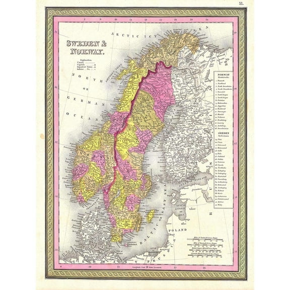 1850 Mitchell Vintage Map Scandinavia Colour Coding Sweden And Norway Unframed Wall Art Print Poster Home Decor Premium