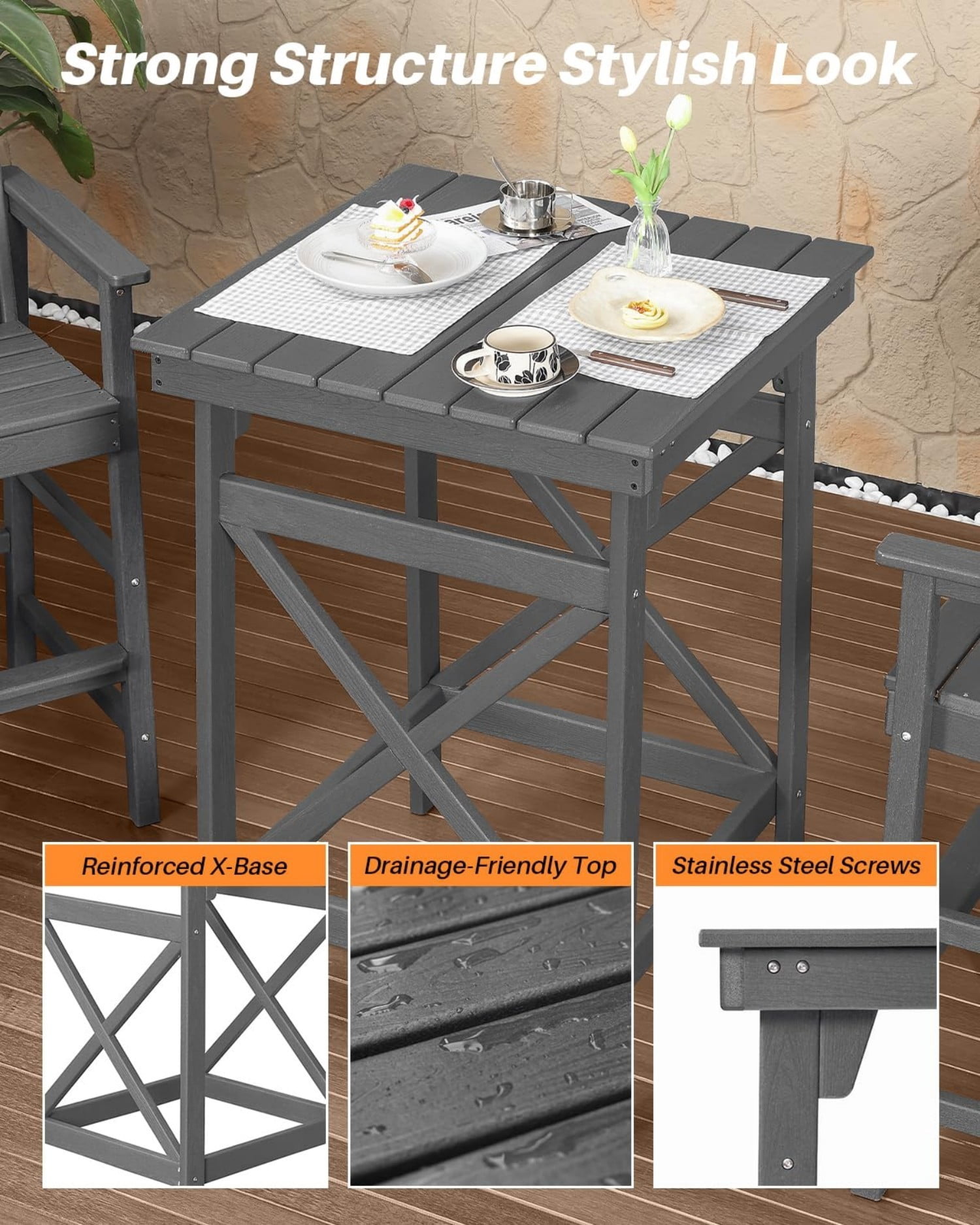 3-Piece Adirondack Bar Table Set, HDPE Outdoor Bar Height Chairs and Table Set, All Weather Patio Bar Furniture for Balcony, Porch, Garden, Poolside, Smoke Gray