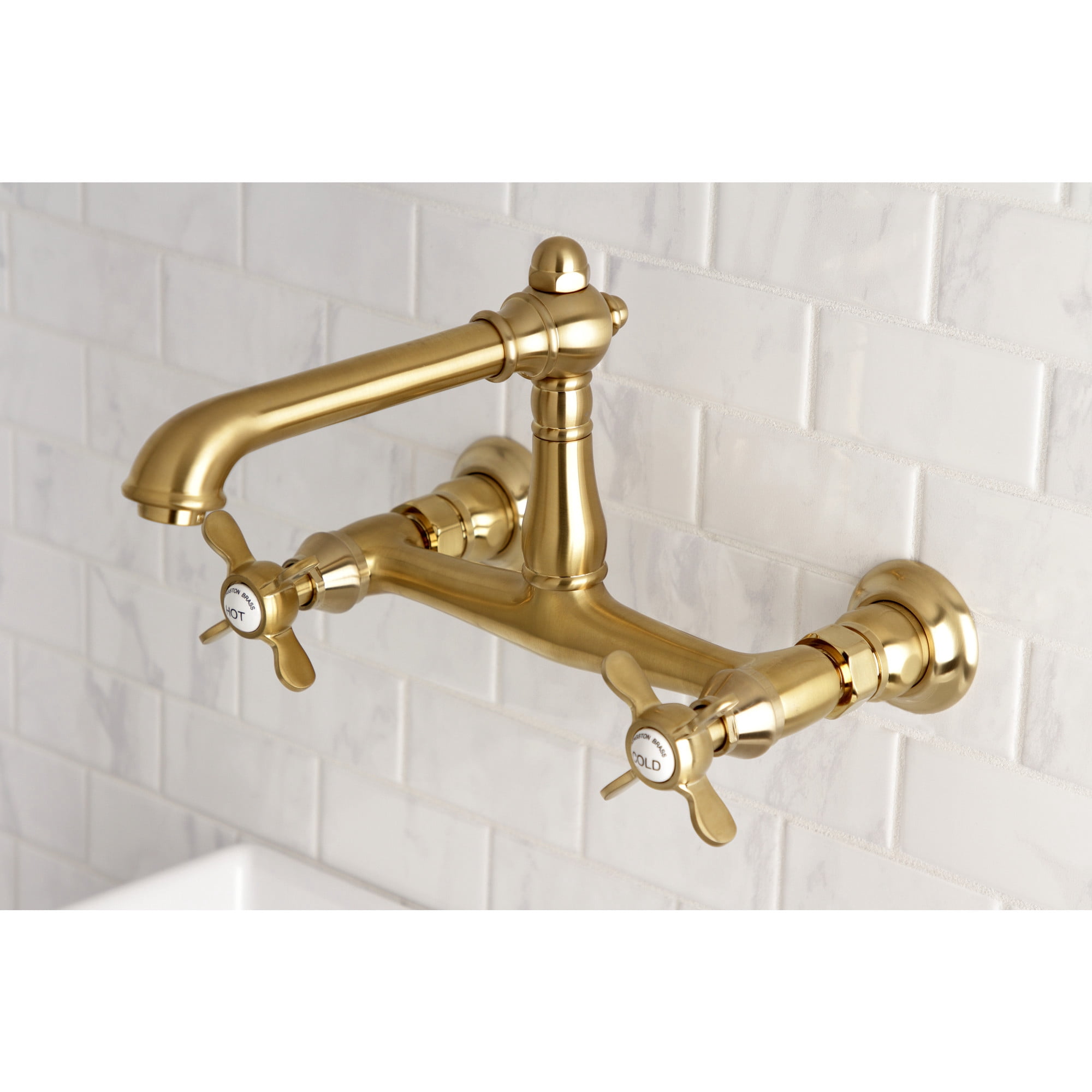 Kingston Brass KS7247BEX Essex Double-Handle Wall Mount Bathroom Faucet, Brushed Brass