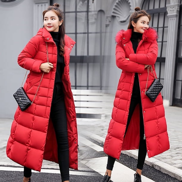 Chaqueta de algodón para mujer, estilo largo, por encima de la rodilla, chaqueta de algodón para mujer, cuello de piel grande, corte entallado, chaqueta de algodón grueso para mujer