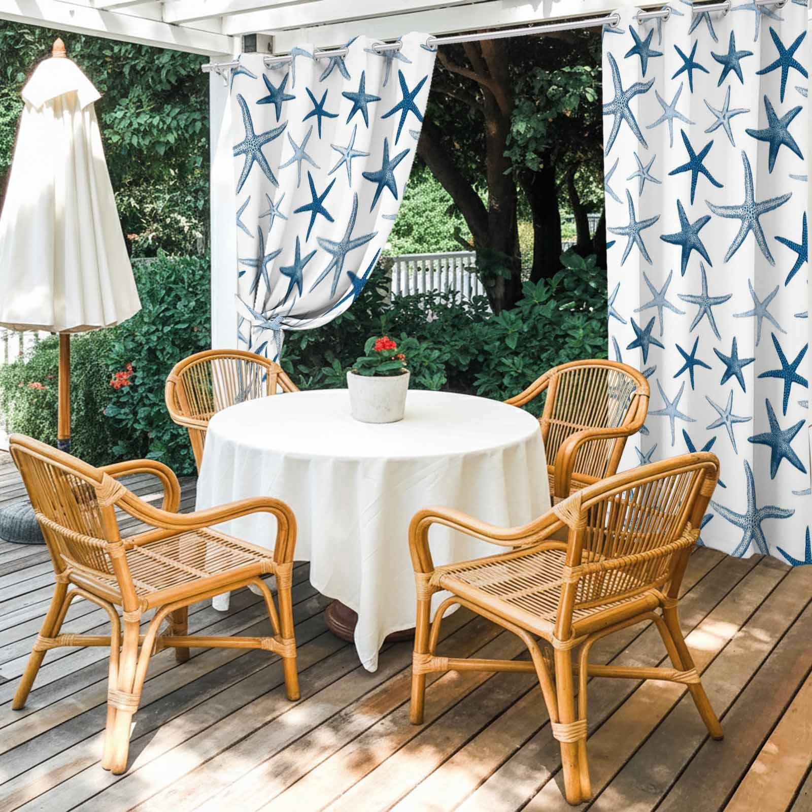 Summer Marine Life Outdoor Curtains for Patio, Watercolor Blue Starfishes Ocean Landscape Sunshade Privacy Drapes Grommet Waterproof Outside Curtains for Porch/Cabana/Balcony 54"x 108", 1 Panel
