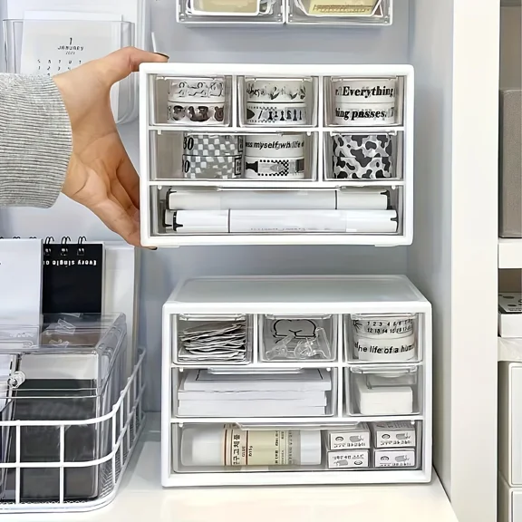 1PC Large Capacity Plastic Desk Organizer White with Drawer Multifunctional Office Supplies Storage Box for Bedroom