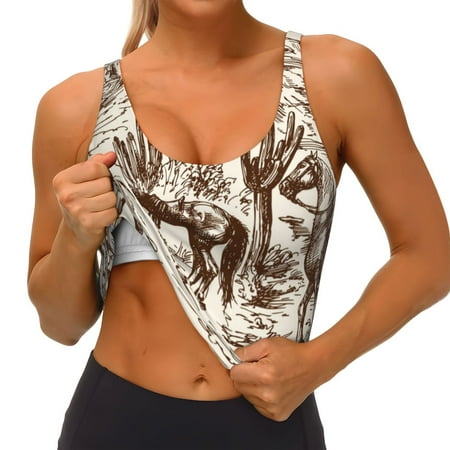 Qokaie Western Desert Cowboys2 Pattern Womens Scoop Neck Sports Bra Breathable Workout Vest Padded U Back Medium Impact Fitness Gym Yoga Bra Workout Crop Top