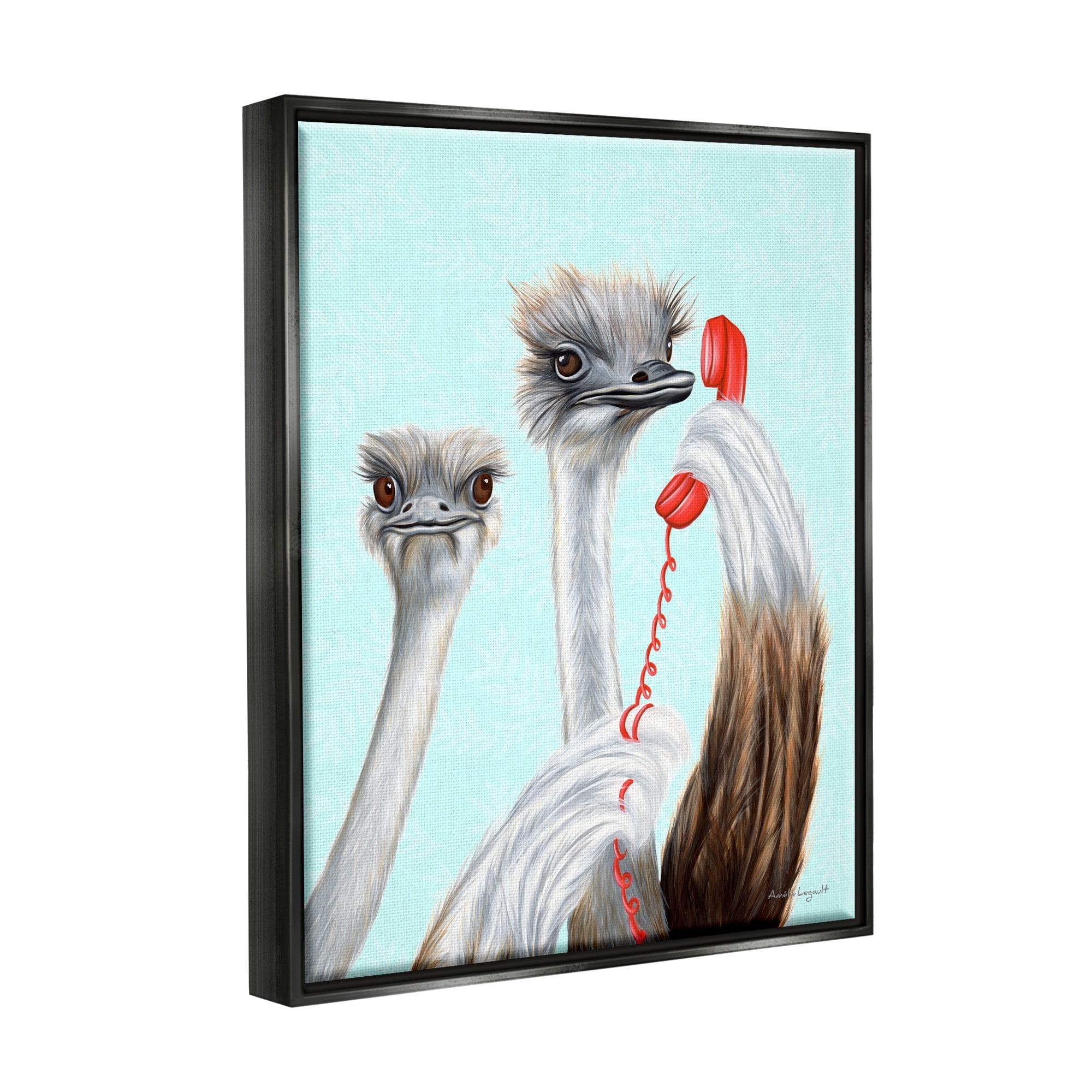 Stupell Industries Detailed Ostrich Birds Talking Red Cord Telephone Graphic Art Jet Black Floating Framed Canvas Print Wall Art, Design by Amelie Legault