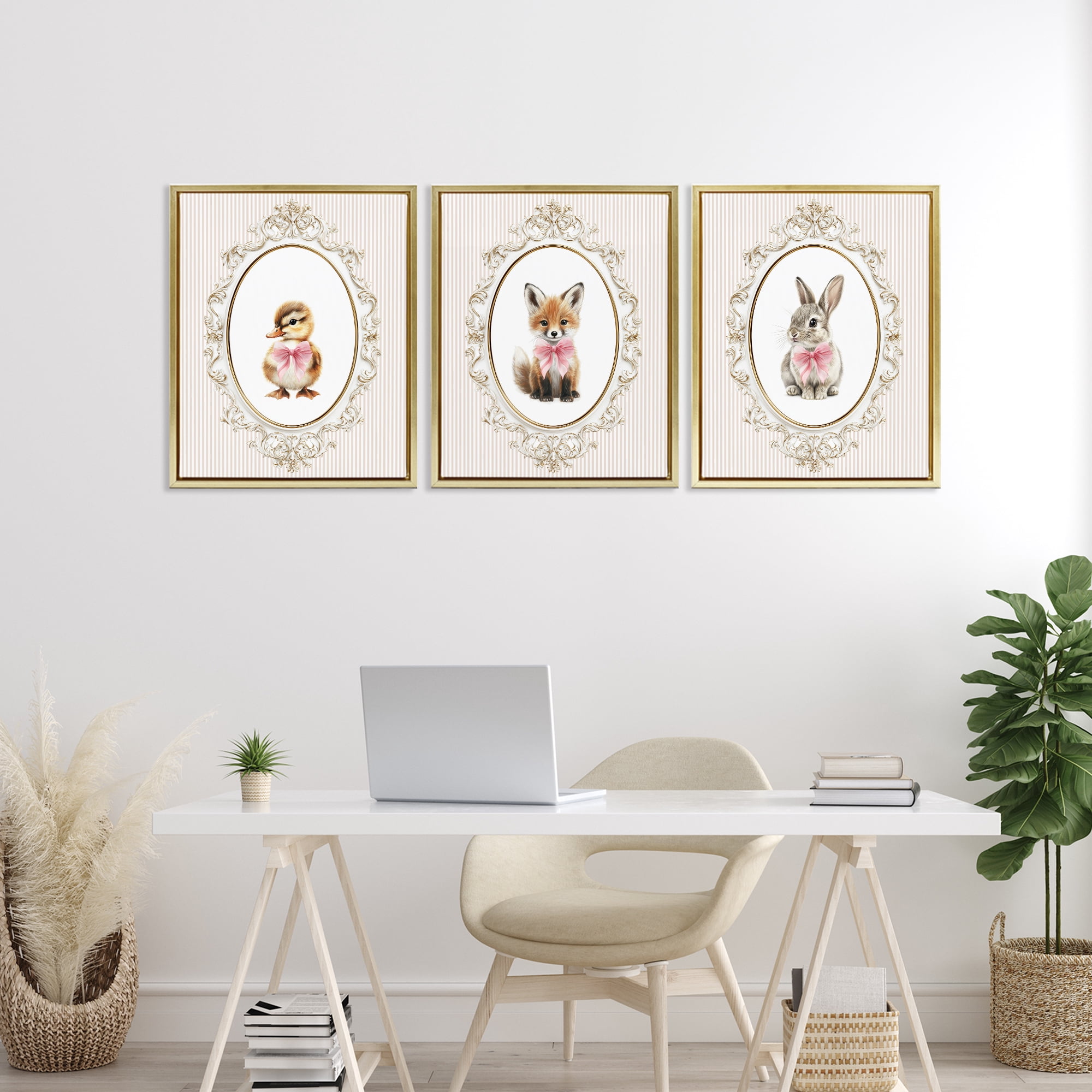 Stupell Industries Vintage Animals with Ornate Design 3 Piece Gold Framed Floater Canvas Set, design by Christine Simpson Art