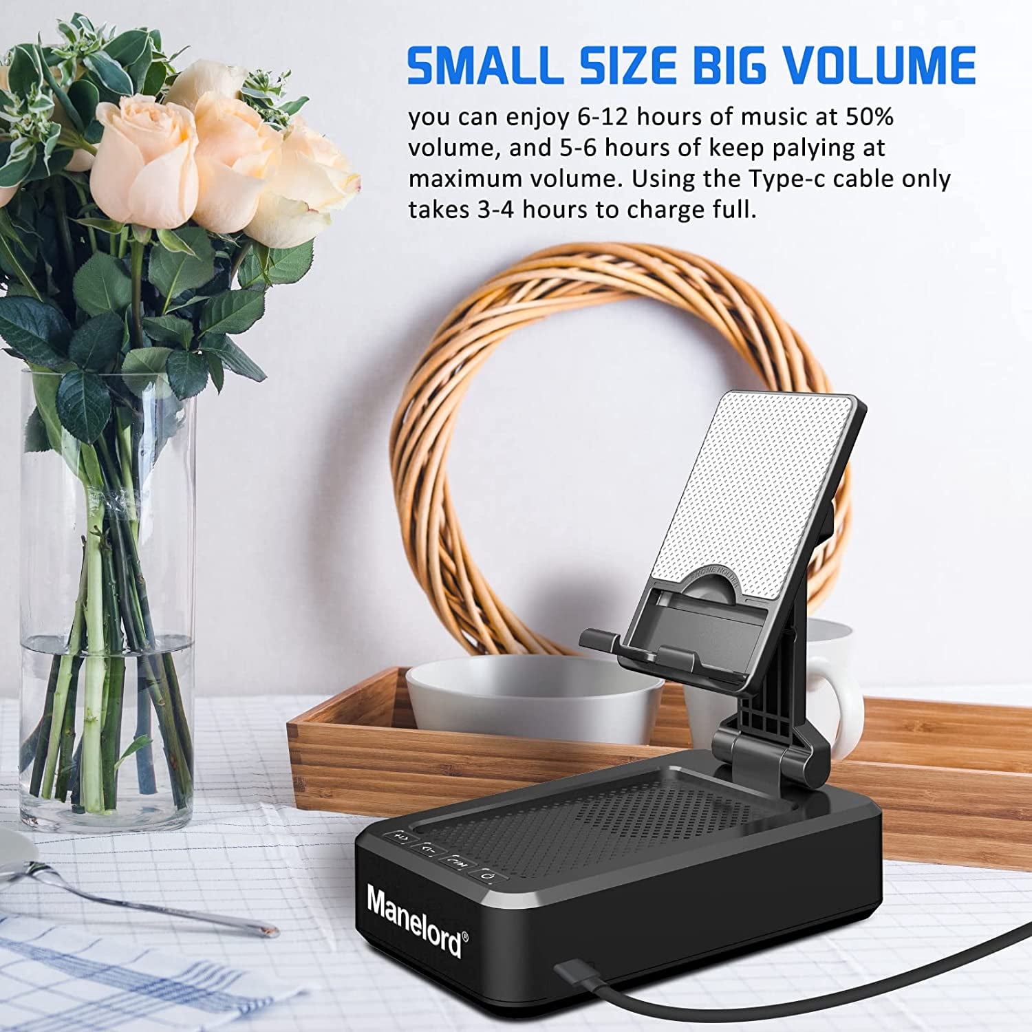 Manelord Cell Phone Stand with Wireless Bluetooth Speaker Compatible for iPhone/Samsung/iPad Tablet, Anti-Slip Design Phone Stand with HD Surround Sound for Home,Office,Outdoor etc