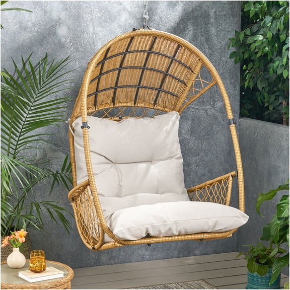 JERFIT Hanging Egg Chair with Cushion, Brown Beige Wicker Hanging Chair Swing for Indoor Outdoor Patio Garden, Rattan Style Basket Chair