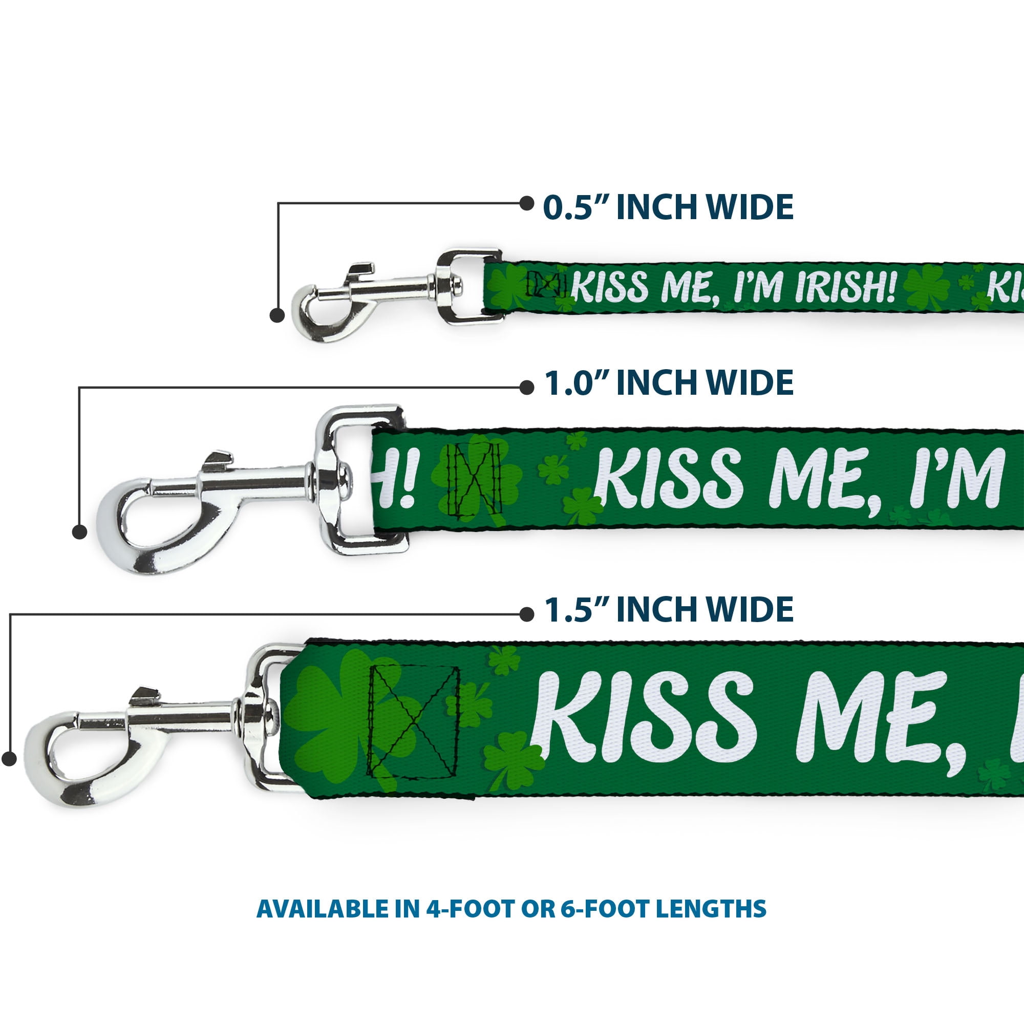 Buckle-Down Pet Leash, Dog Leash, Kiss Me Im Irish Clovers Green White, 6 Feet Long 1.0 Inch Wide