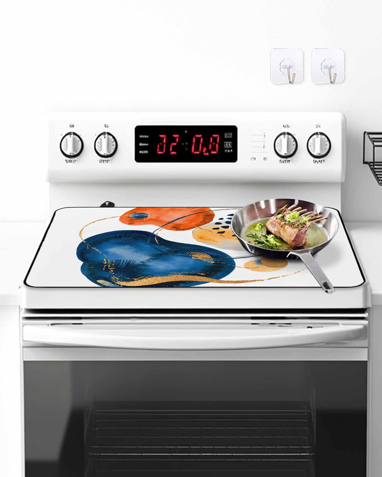 Stove Top Covers for Electric Stove, Orange Blue Boho Glass Stovetop Cover Protector, Ethnic Abstract Geometric Striped Induction Cooktop Protector Oven Mat for Kitchen Countertop 24"x21"