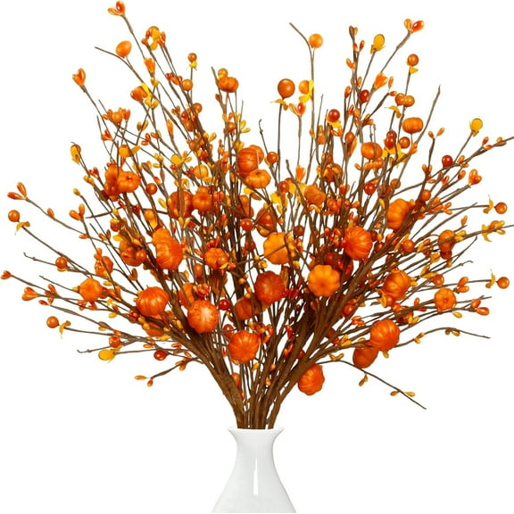 6PCS Fall Orange Stems Floral Arrangements with Fake Pumpkin for Autumn Thanksgiving Harvest Home Vase Festival Indoor Christmas Decor(15.5INCH)