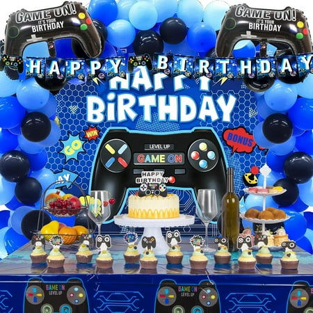 Video Game Birthday Decorations, Blue Gamer Party Decorations Include Balloon Arch Kit, Backdrop, Banner, Cake Topper