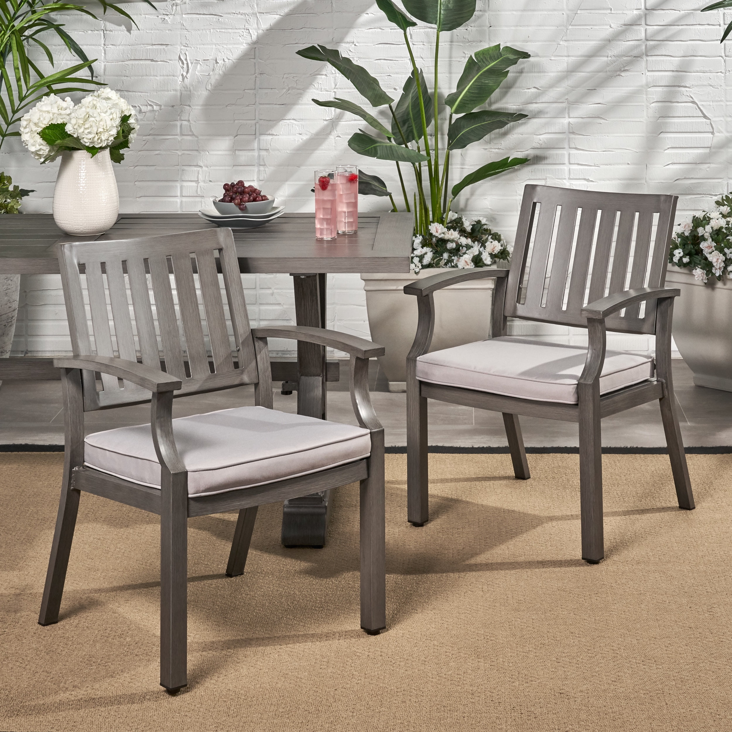 Outdoor Cushioned Dining Chair Set of 2, Acacia Wood and Metal Frame Household Seats for Patio Garden, Dark Gray and Silver