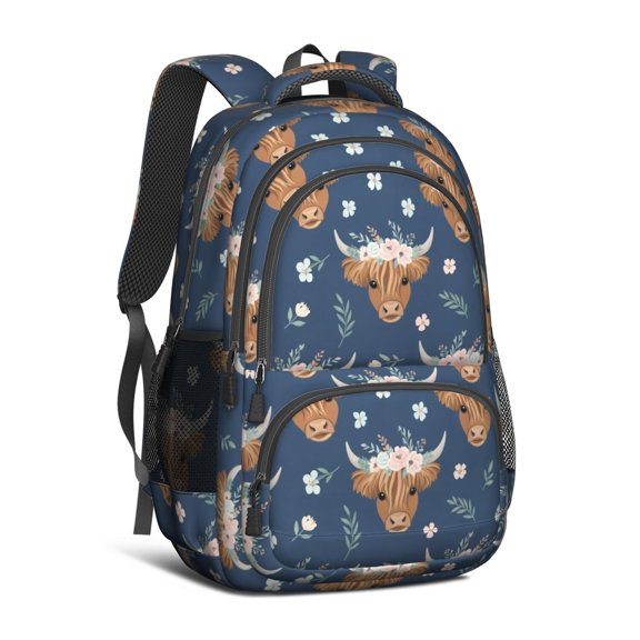 Highland Cow and Flower Print Backpack for School, Cute School Bag with Adjustable Shoulder Straps and Padded Back, 16.9"x12.6"x5.9"